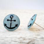 Anchor Earrings Nautical Ear Stud, Baby Blue..