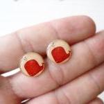 Whale Earrings Red Beige, Small Studs Posts,..