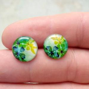 Watercolor Flower Earrings, Green Yellow Nature,..