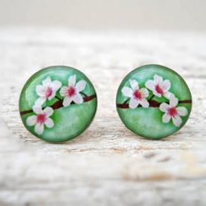 Cherry Blossom Earrings Green White Brown, Small..