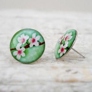 Cherry Blossom Earrings Green White Brown, Small..