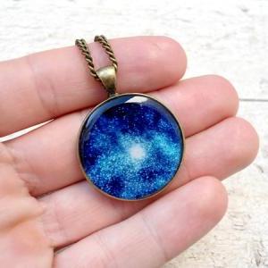 Galaxy Necklace, Nebula Pendant, Blue Glitter