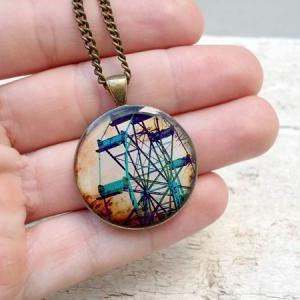 Ferris Wheel, Carnival Necklace Pendant In Brown..