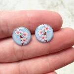 Cherry Blossom Earrings Blue White Brown, Small..