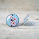 Cherry Blossom Earrings Blue White Brown, Small..