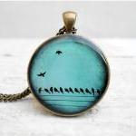 Teal Birds On Wire Necklace Nature Bird Pendant,..