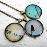 Teal Birds On Wire Necklace Nature Bird Pendant,..