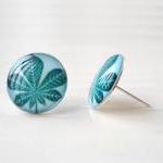 Teal Blue Botanical Earrings Posts, Leaf Earrings,..