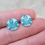 Teal Blue Botanical Earrings Posts, Leaf Earrings,..