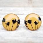 Black And Yellow Earrings, Floral Ear Studs Posts,..