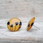 Black And Yellow Earrings, Floral Ear Studs Posts,..