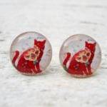 Floral Cat Ear Studs Earrings, Posts White Red..
