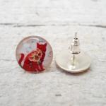 Floral Cat Ear Studs Earrings, Posts White Red..