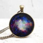Galaxy Necklace Space Pendant, Nebula Blue Purple Green Black