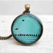 Teal Birds on Wire Necklace Nature Bird Pendant, in Flight, Wings