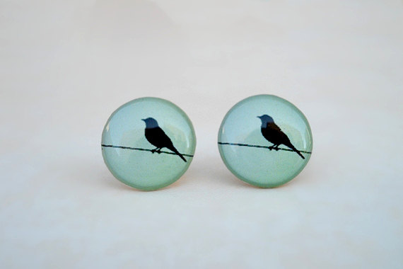 Mint Bird Earring Studs, Post Earrings, Bird On Wire, Mint Black Earrings