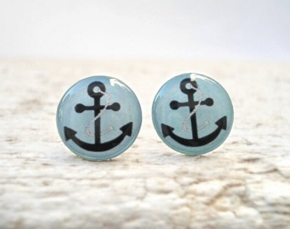 Anchor Earrings Nautical Ear Stud, Baby Blue Black, Sea
