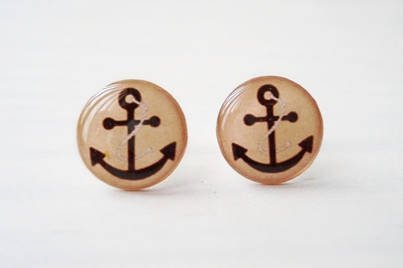 Vintage Anchor Earrings In Brown - Beige Or Peach - Blue, Vintage Jewelry, Nautical