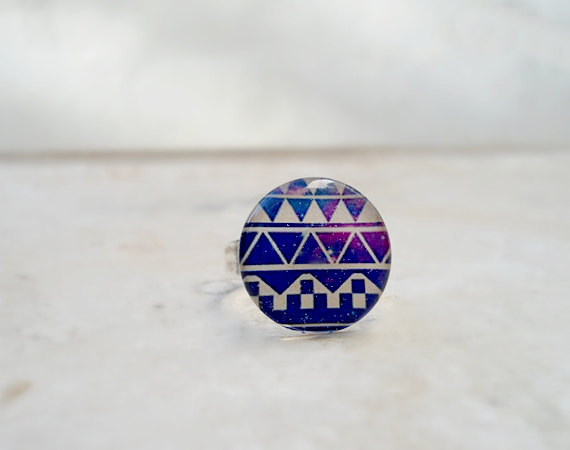 Triangle Galaxy Ring In Purple Blue, Space Nebula Jewelry, Night Sky, Adjustable, Silver Plated