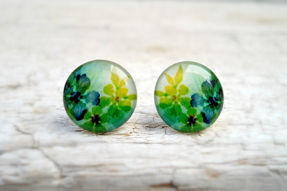 Watercolor Flower Earrings, Green Yellow Nature, Summer Time