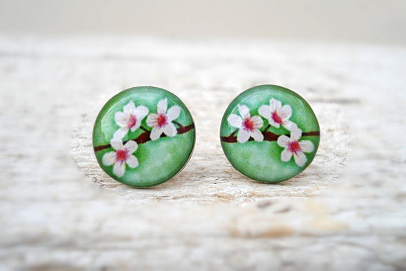 Cherry Blossom Earrings Green White Brown, Small Studs Posts, Woodland Jewelry (e24)