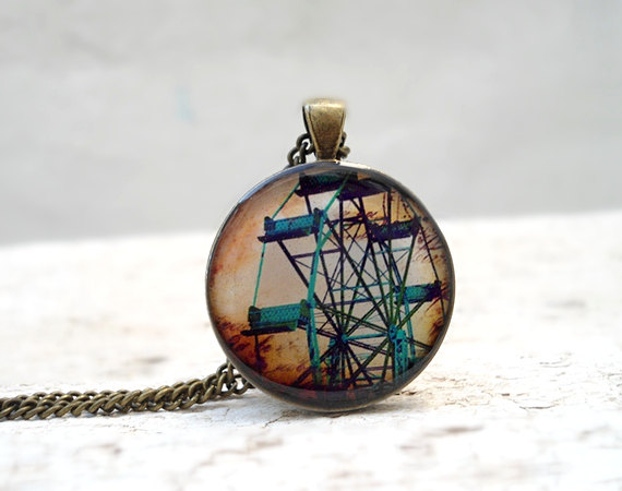 Ferris Wheel, Carnival Necklace Pendant In Brown Teal, Retro Circus Made To Order