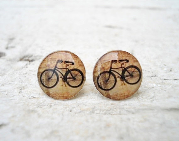 Retro Bicycle Ear Studs Posts Beige Earrings , Bike Jewelry, Vintage (e14)