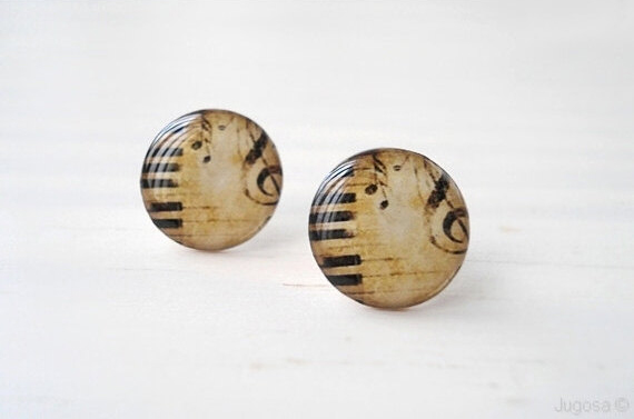 Treble Clef Earrings In Beige Black, Vintage Piano Music Jewelry, Small Ear Studs Posts