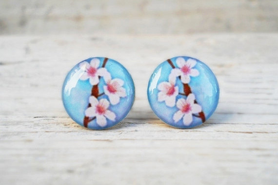 Cherry Blossom Earrings Blue White Brown, Small Studs Posts, Woodland Jewelry