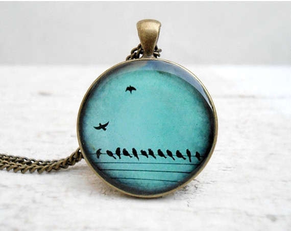 Teal Birds On Wire Necklace Nature Bird Pendant, In Flight, Wings