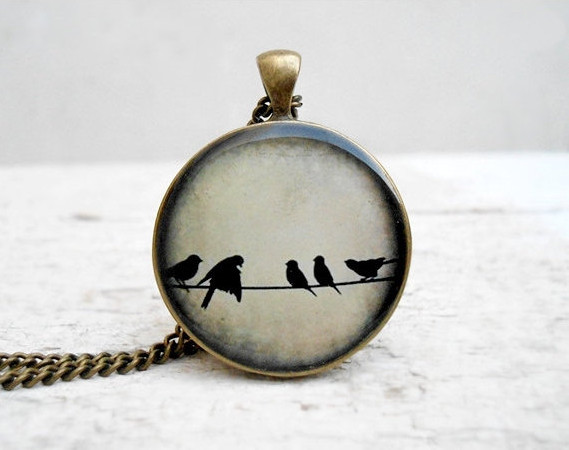 Love Birds Necklace Ivory Birds On Wire Necklace, Nature Bird Pendant, In Flight, Wings