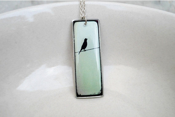 Bird Necklace Pendant In Mint And Black, Silhouette Pendant
