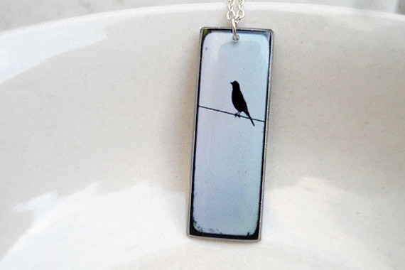 Bird Necklace Pendant In Sky Blue And Black, Silhouette Pendant