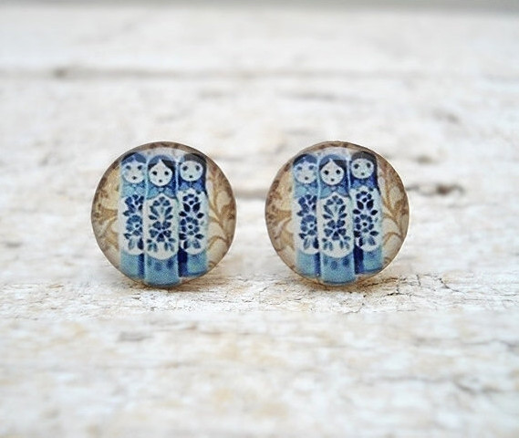 Blue Babushkas Art Earrings Studs Posts,resin Earrings, Russian Folk Doll