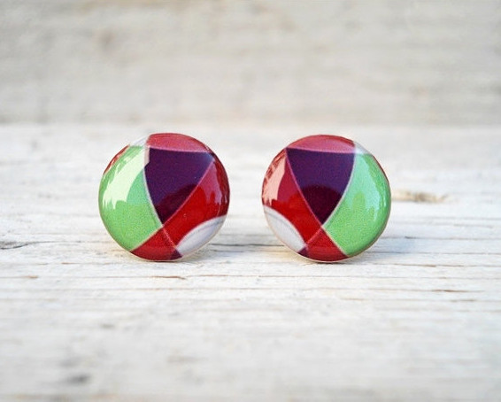 Geometric Earrings Studs Posts In Neon Green, Purple, White, Red - Orange Ear Studs