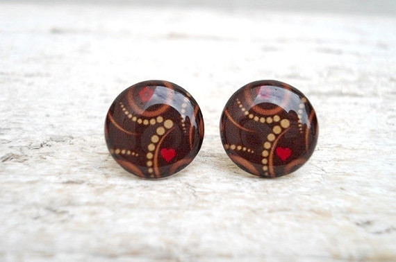 Christmas Earrings, Brown Red Heart, Modern Retro Style, Buy Tree in Special Price