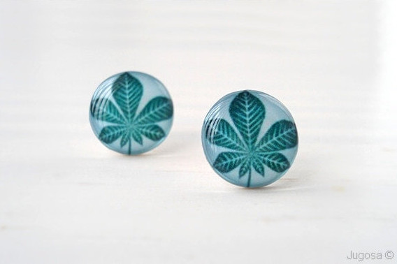 Teal Blue Botanical Earrings Posts, Leaf Earrings, Chestnut Tree Leaf