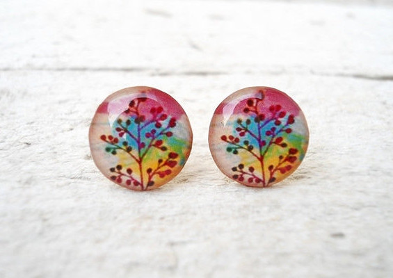  Ear Posts Rainbow Branch in Pink Yellow Green Blue Earrings, Mother's Day