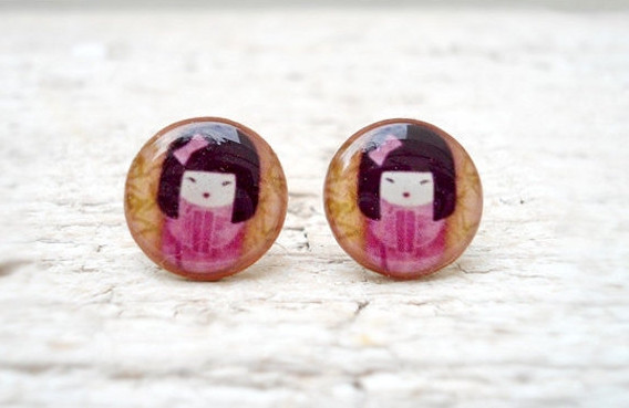 Chinese girl earrings studs posts,Traditional Art jewelry, Pink Brown