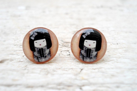 Cute Earrings, Chinese Girl Earrings Studs Posts,traditional Art Jewelry, Black Beige