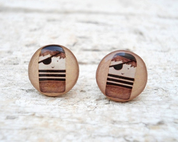 Retro Little Pirate Earrings in Brown, Small Ear Studs Posts, Nautical