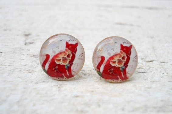 Floral Cat Ear Studs Earrings, Posts White Red ,cat Jewelry , Neon