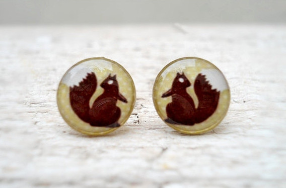 Squirrel Earrings Studs Posts, Brown Green, Woodland Animal Jewelry
