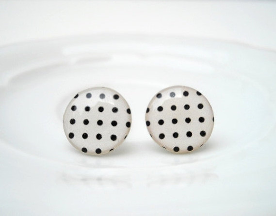 Polka Dots Ear Stud Earrings, Black And White, Gift Bridesmaids