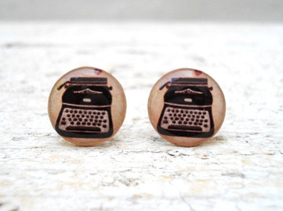 Vintage Typewriter Ear Studs Posts Beige Brown Earrings , Old Jewelry