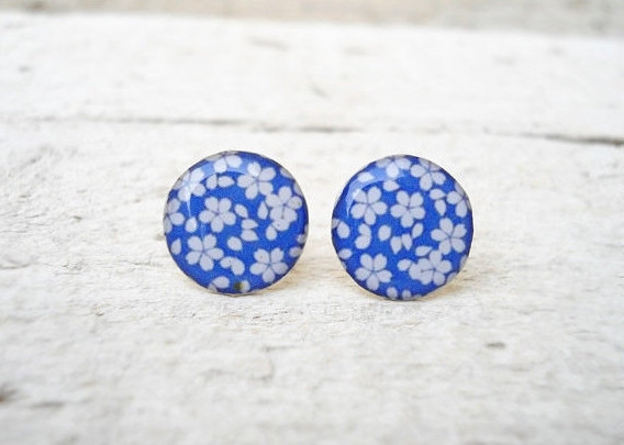 Blue Floral Post Earrings, White Flower Ear Studs, Gift For Her