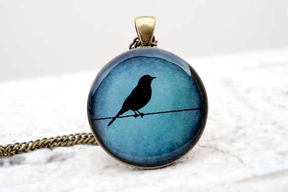 Silhouette Bird Necklace, Teal Bird Pendant, Nature Color, Gift For Her, Everyday Jewelry