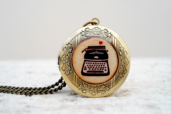Vintage Style Resin Locket Necklace With Vintage Typewriter In Brown Beige With Small Heart
