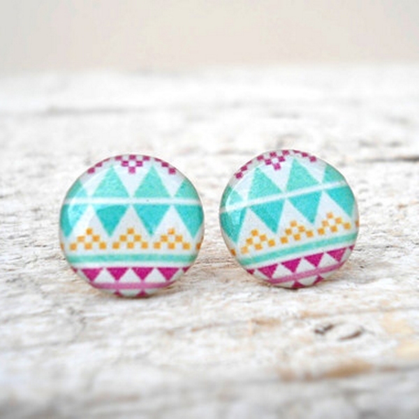 Aztec Geometric Stud Earrings, In White Turquoise Violet, Pure Color Jewelry