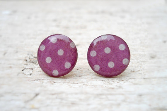 Polka Dots earrings studs posts,Thulian pink Violet White, Christmas